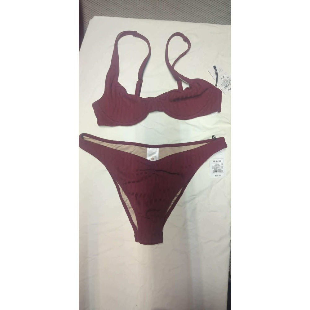 Shade & Shore Burgundy Ribbed Underwire Bikini Set V-Front High‎ Leg Swimsuit - Picture 7 of 8